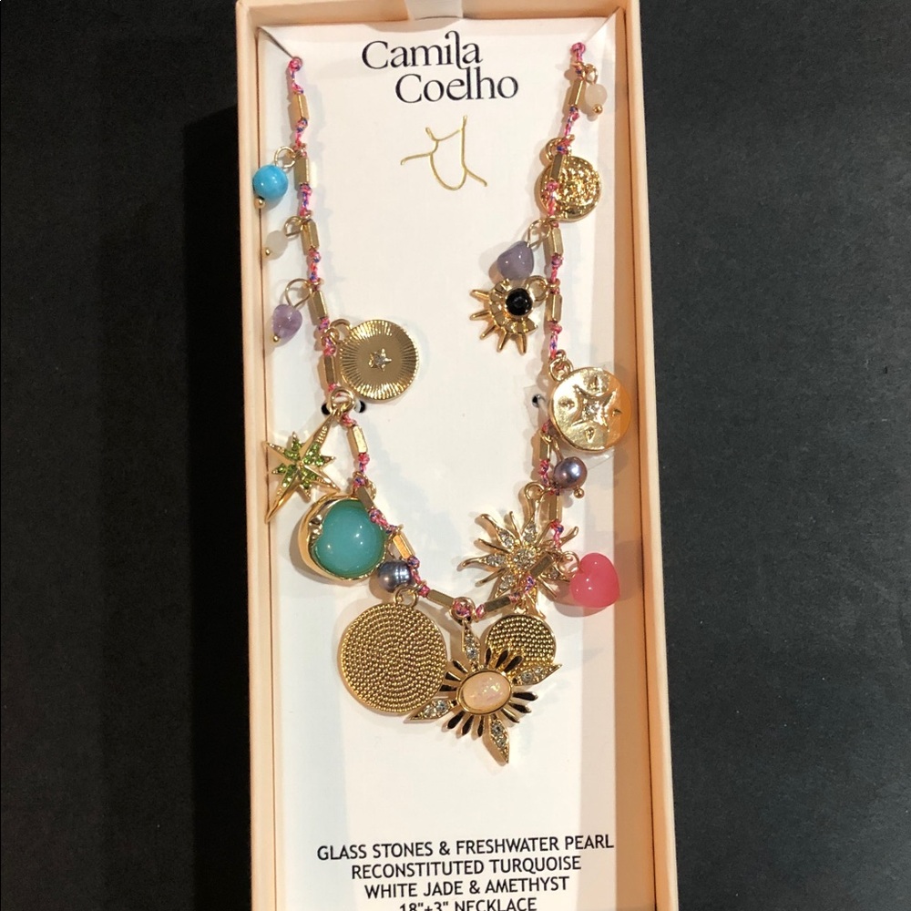 Camila Coelho glass stones and freshwater pearl reconstituted turquoise necklace